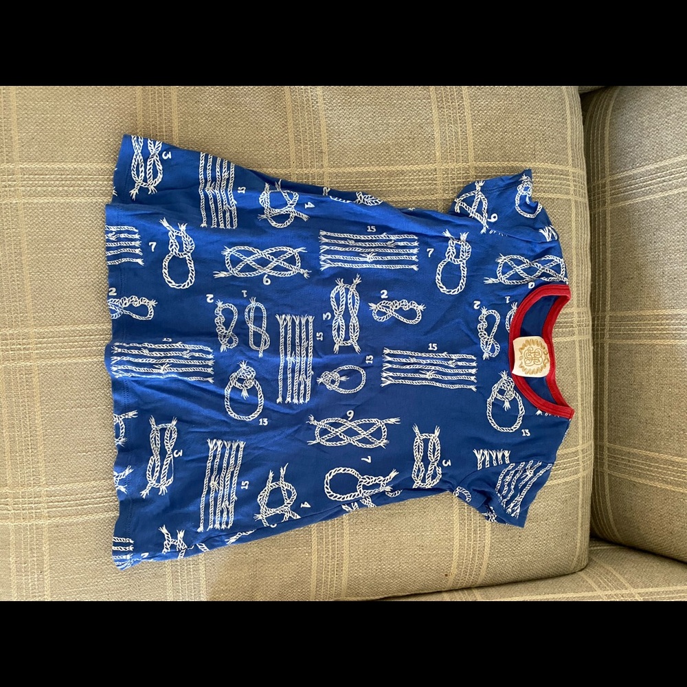 The Beaufort Bonnet Company Blue Nautical Knot Print Dress with Red Trim
